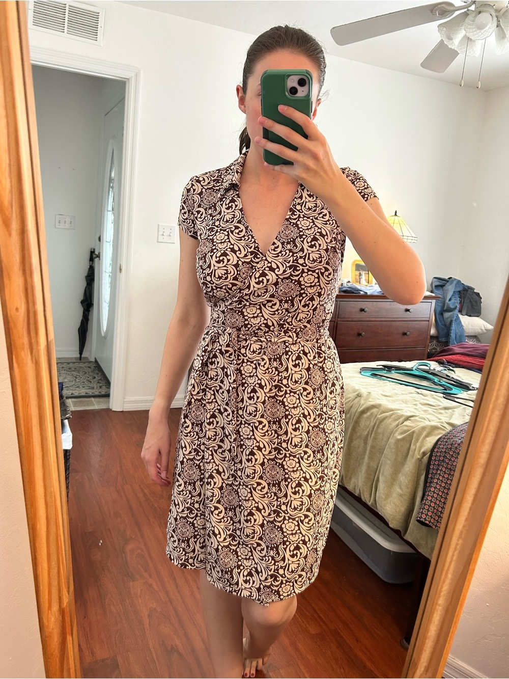 Vintage Ann Taylor Brown and Cream Printed Wrap Midi Dress